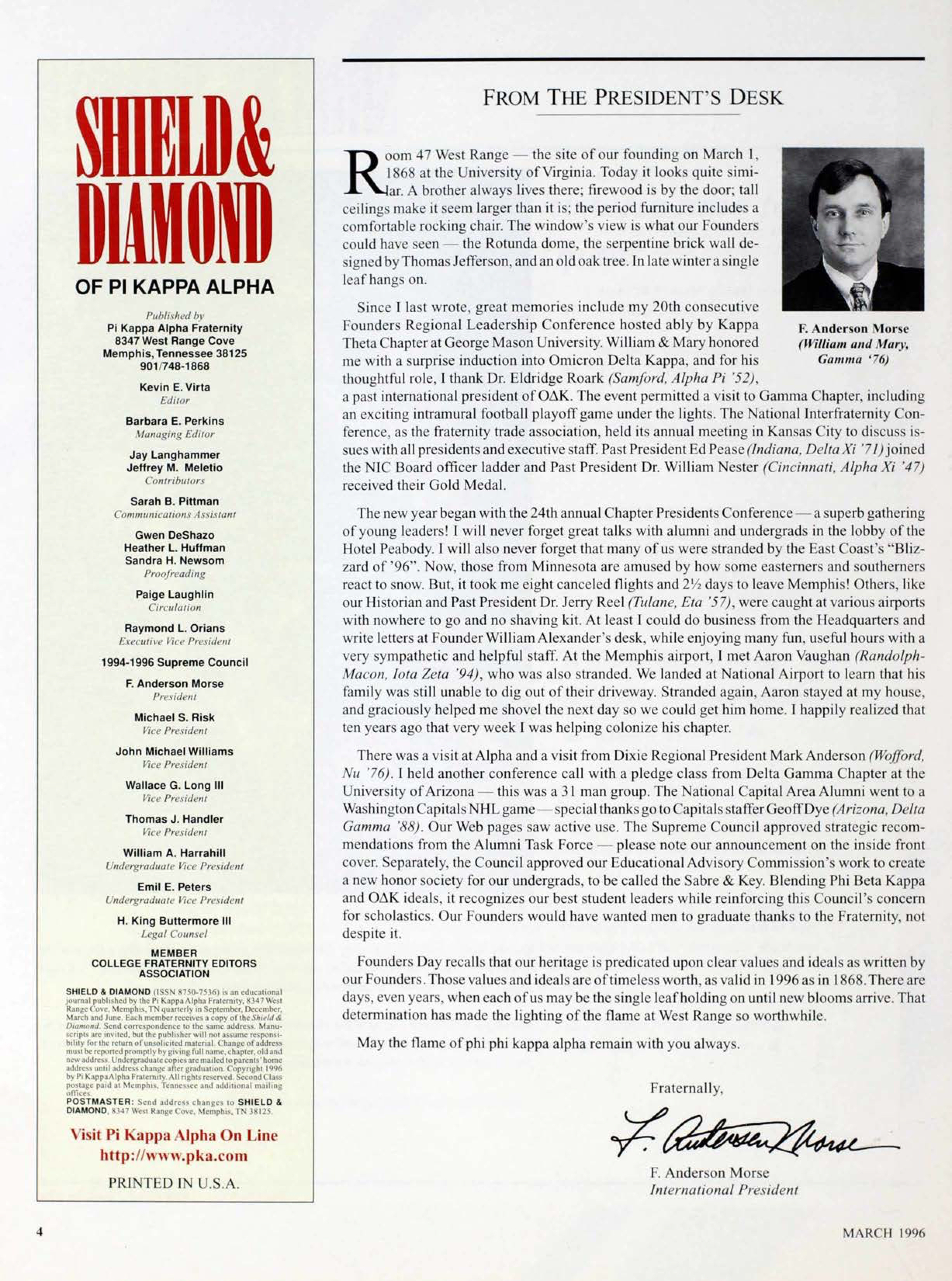 Shield & Diamond of Pi Kappa Alpha, March 1996